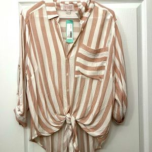 Medium length sleeve striped blouse with tie in the front and a small collar